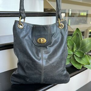 Kate Landry Genuine Leather Shoulder Bag Dark Charcoal Gray Purse Brass Hardware